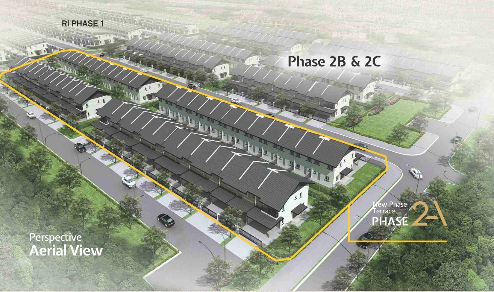 沙巴山打根 Rimbayu Indah Phase 2A 鸟瞰效果图——Phase 2A，图上并标出 Phase 1 与 Phase 2B、2C（发展商手册）