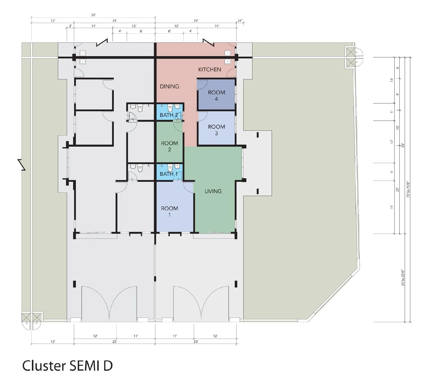 Floor plan of the single-storey semi-D cluster house, 35 x 75 ft lot, Rimbayu Tanjung Rambutan, Ipoh