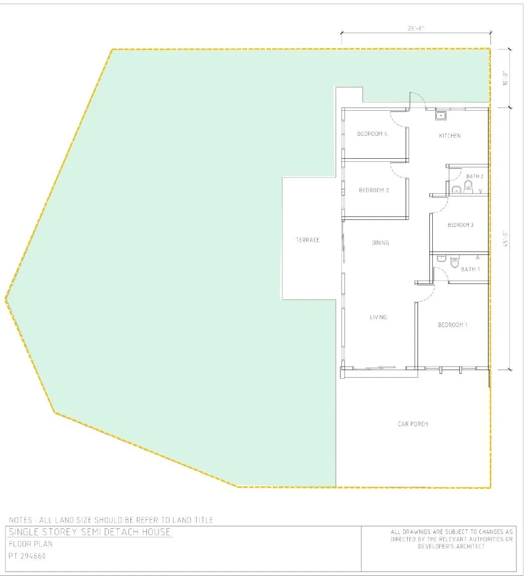 Floor plan of the single-storey semi-detached house on an irregular corner lot (plot 38), Rimbayu Tanjung Rambutan, Ipoh