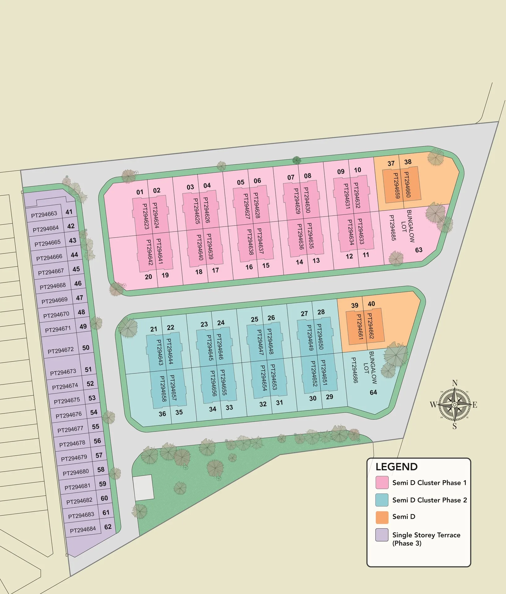 Site plan of Rimbayu Tanjung Rambutan showing semi-D cluster Phases 1 and 2, semi-D lots and Phase 3 single-storey terraces, Ipoh