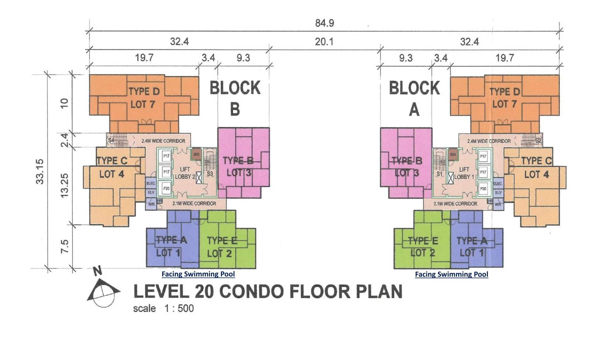 Level 20 floor plan: five homes per block, with the Type D penthouse, from the developer’s brochure at Rise Residences, Kepayan, Penampang, Sabah