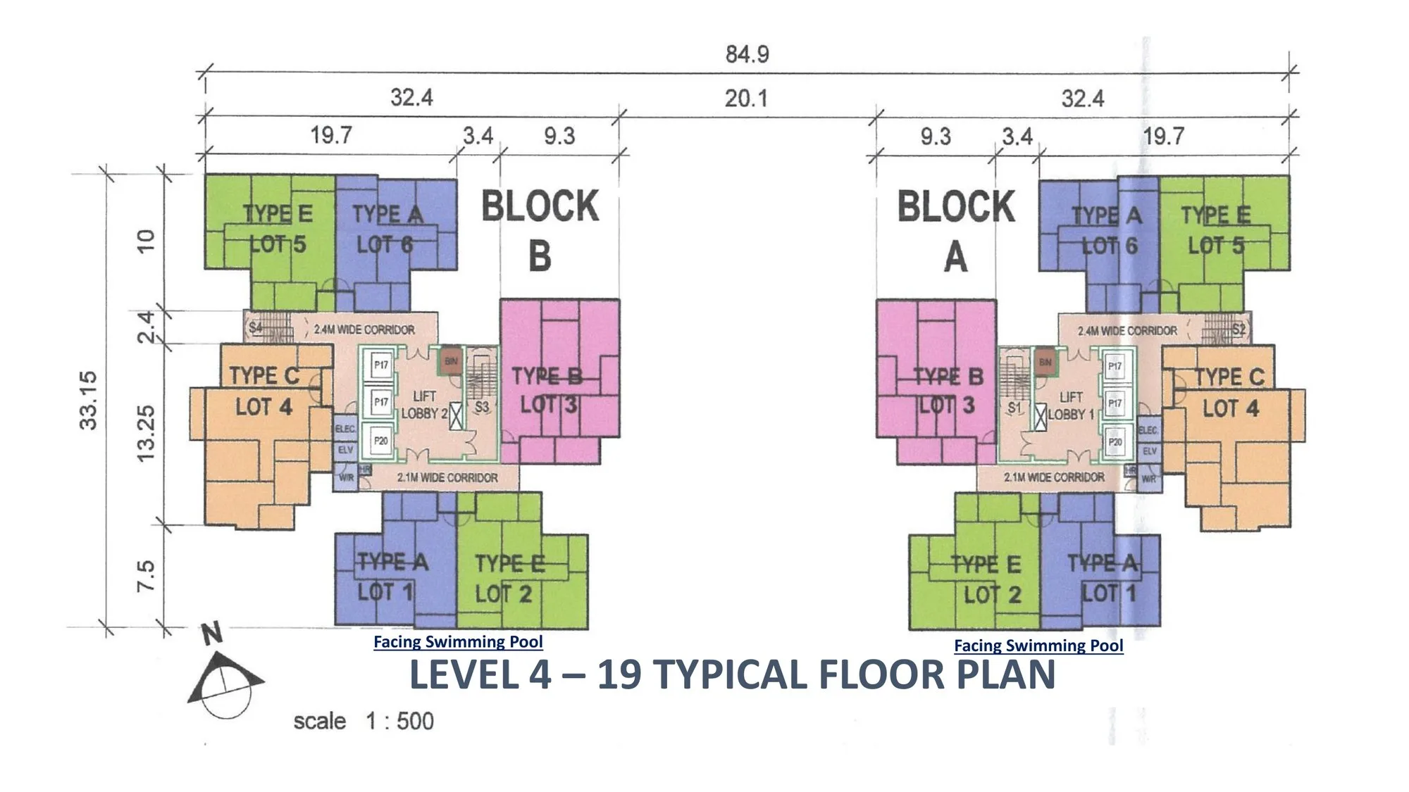 Typical floor plan, Levels 4 to 19: six homes per block — two Type A, two Type E, one Type B and one Type C — from the developer’s brochure at Rise Residences, Kepayan, Penampang, Sabah