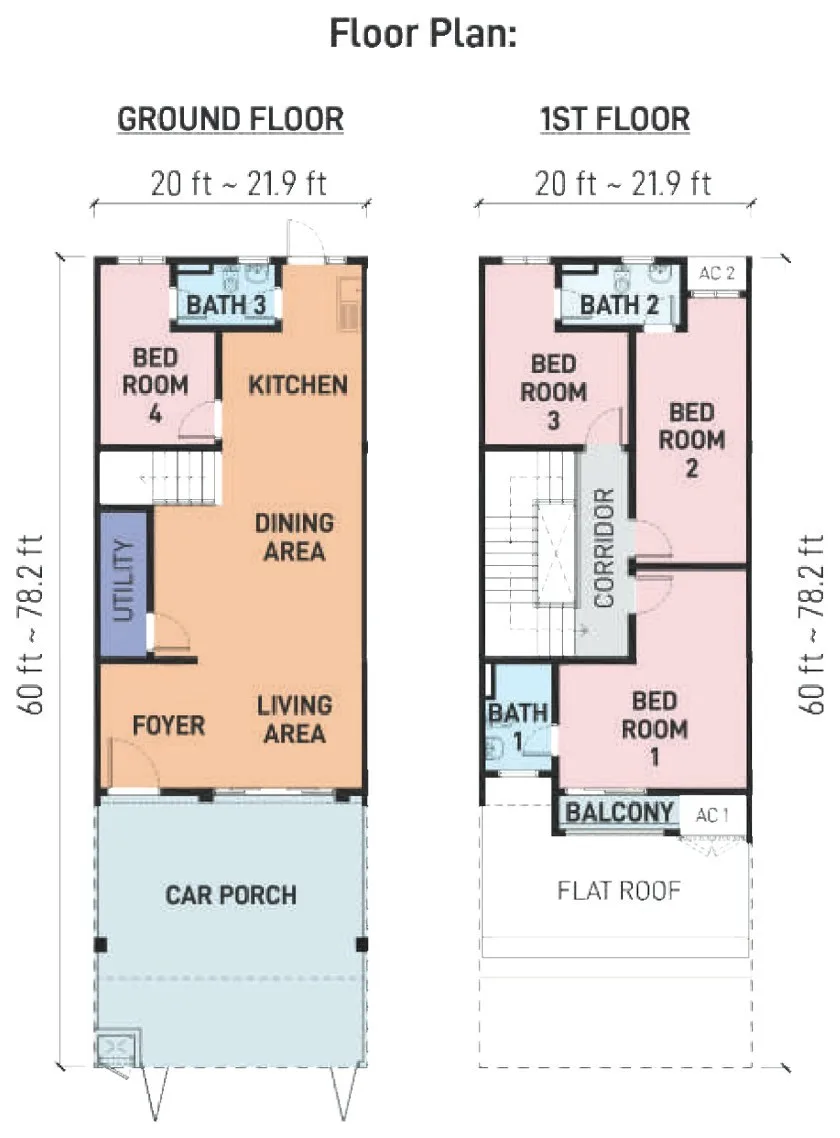SA Terraces two-storey terrace floor plan from the developer's brochure, ground floor and first floor with four bedrooms and three bathrooms, Simpang Ampat, Penang