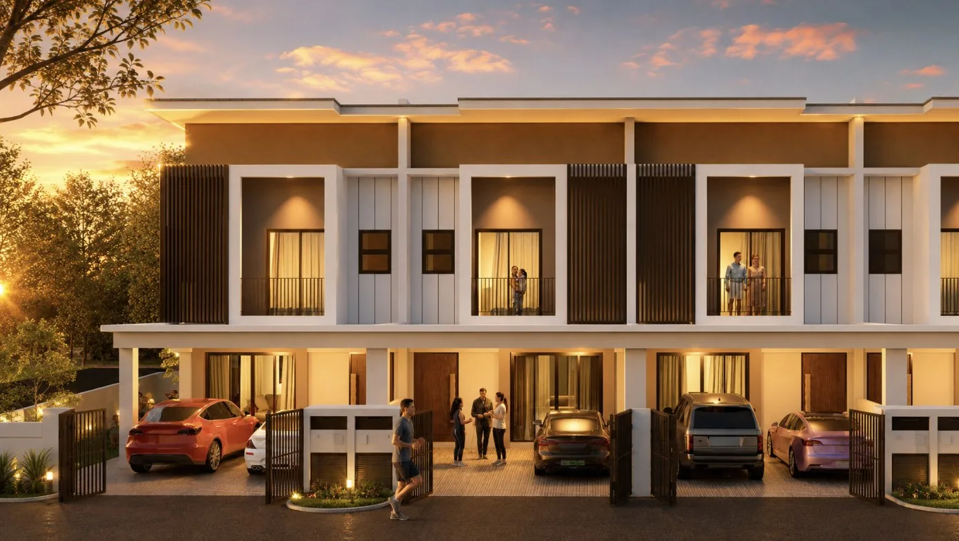 SA Terraces two-storey terrace houses at dusk, street view artist's impression, Simpang Ampat, Penang