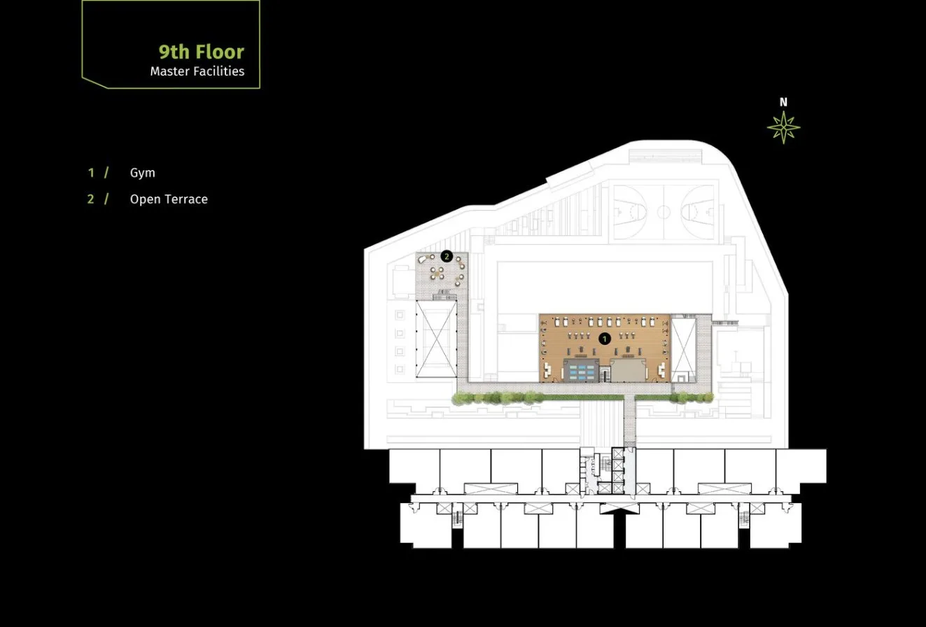 Savana @ Utropolis level-9 master facilities plan showing the gym and an open terrace beside the basketball court, Batu Kawan, Penang