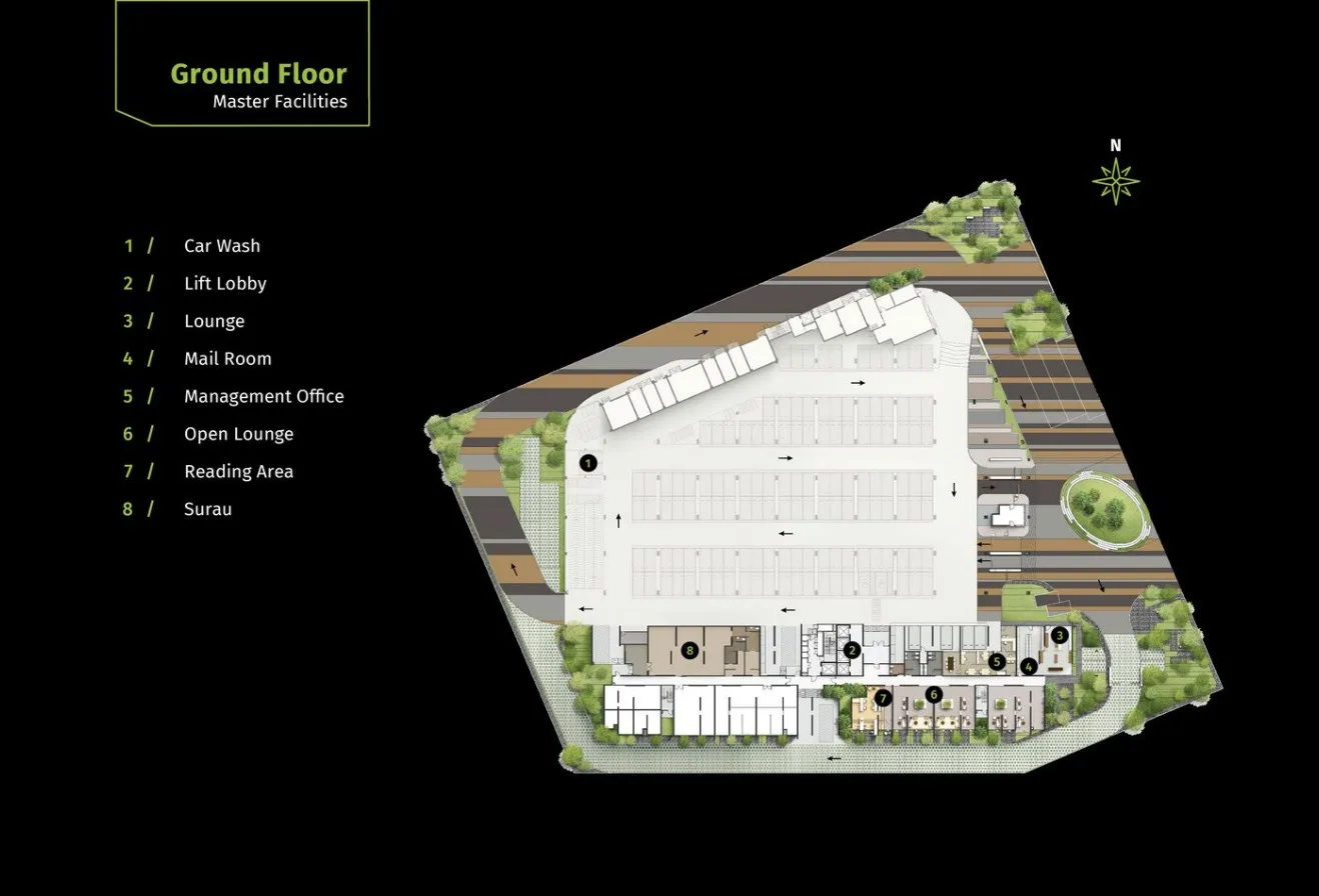 Savana @ Utropolis ground-floor master facilities plan showing the car wash, lift lobby, lounge, mail room, management office, open lounge, reading area and surau, Batu Kawan, Penang