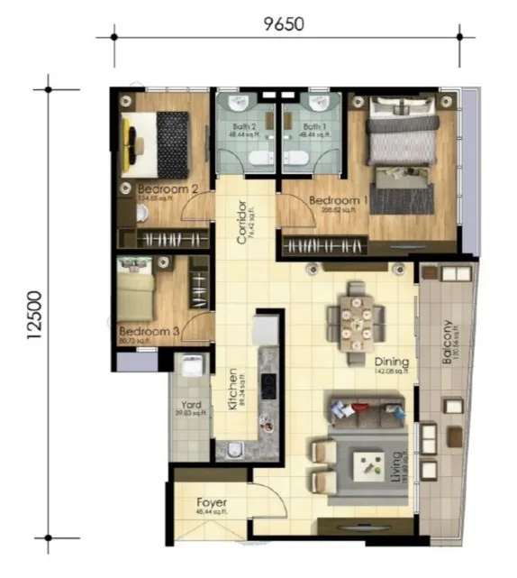 Scots Pavilion floor plan of the layout listed at 1,229 sq ft, three bedrooms, two bathrooms, a yard and a balcony, George Town, Penang