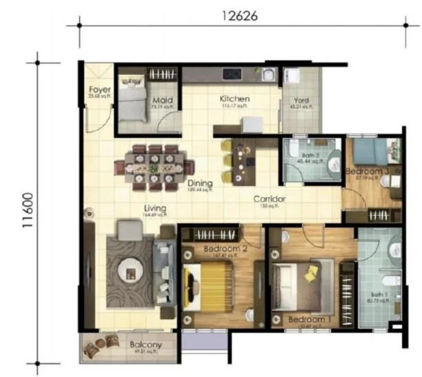 Scots Pavilion floor plan of the layout listed at 1,313 sq ft, three bedrooms, a maid's room, two bathrooms, a yard and a balcony, George Town, Penang