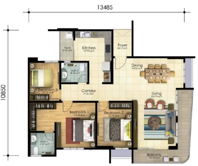 Scots Pavilion floor plan of the layout listed at 1,400 sq ft, three bedrooms, two bathrooms, a yard and a wrap-around balcony, George Town, Penang