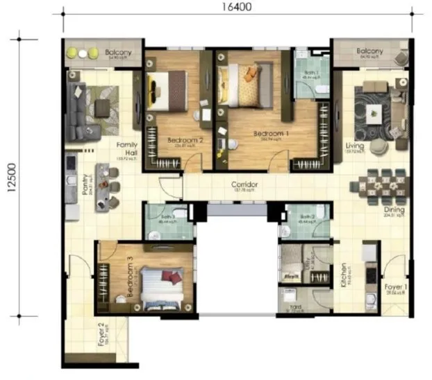 Scots Pavilion floor plan of the layout listed at 2,098 sq ft, three bedrooms, three bathrooms, a family hall with pantry, a utility room, two foyers and two balconies, George Town, Penang