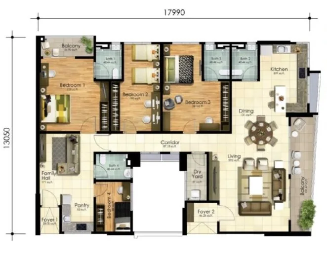 Scots Pavilion floor plan of the layout listed at 2,227 sq ft, four bedrooms, four bathrooms, a family hall with pantry, two foyers and two balconies, George Town, Penang
