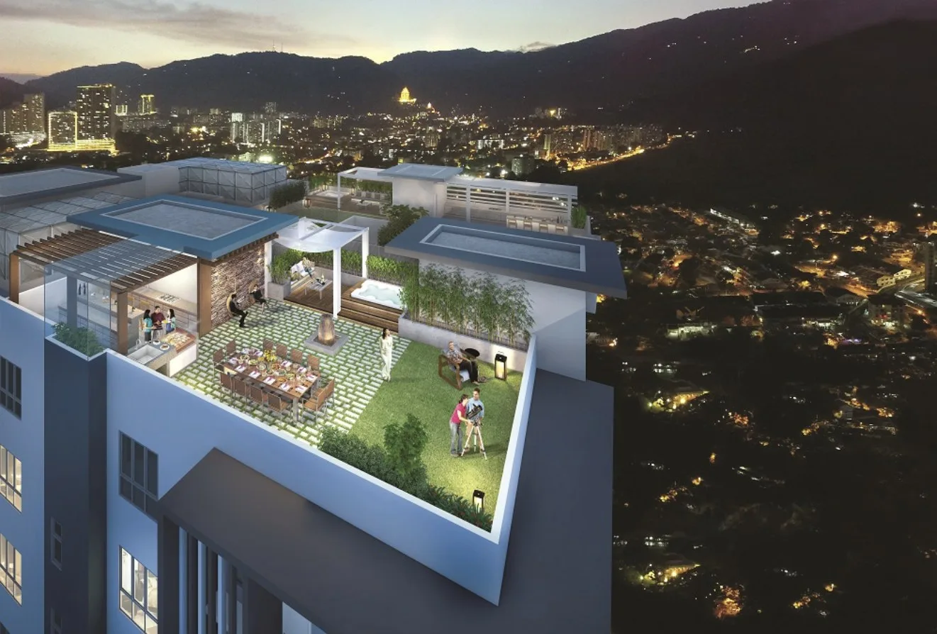 Scots Pavilion penthouse roof garden at dusk, artist's impression, George Town, Penang