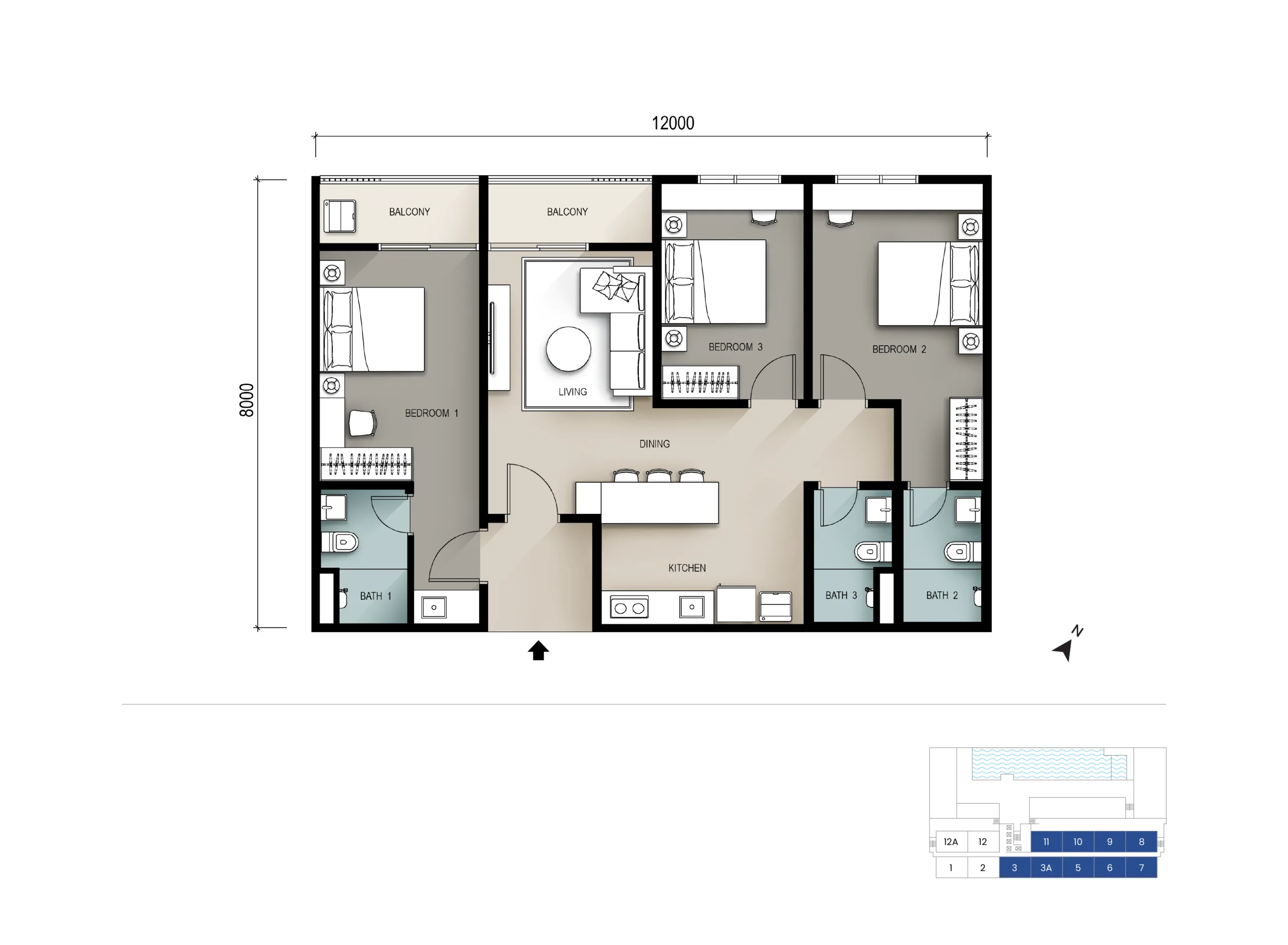 Seiras Residences A 型双钥匙户型图,1,033 平方尺,槟城峇都加湾