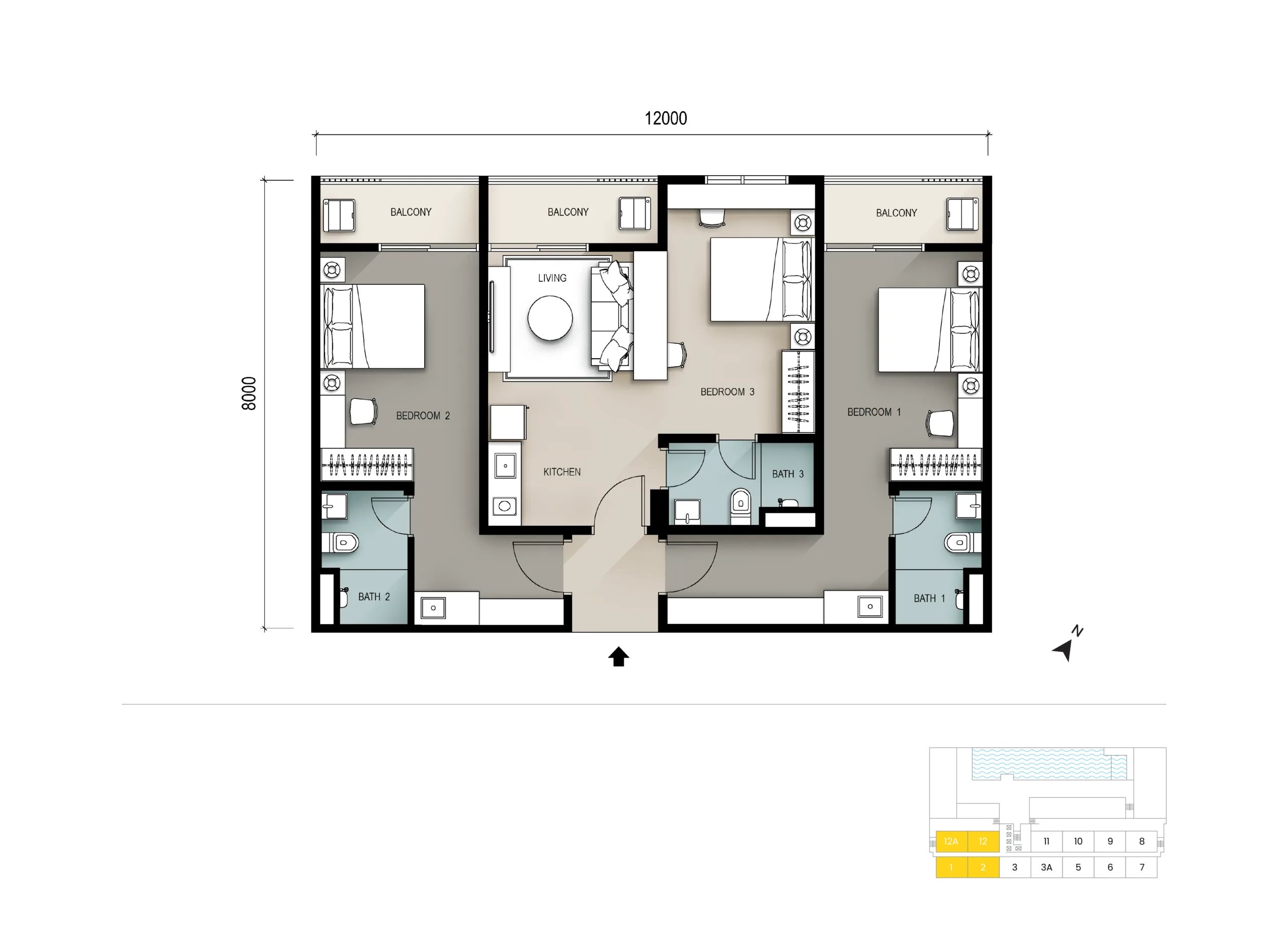 Seiras Residences B 型三钥匙户型图,1,033 平方尺,槟城峇都加湾