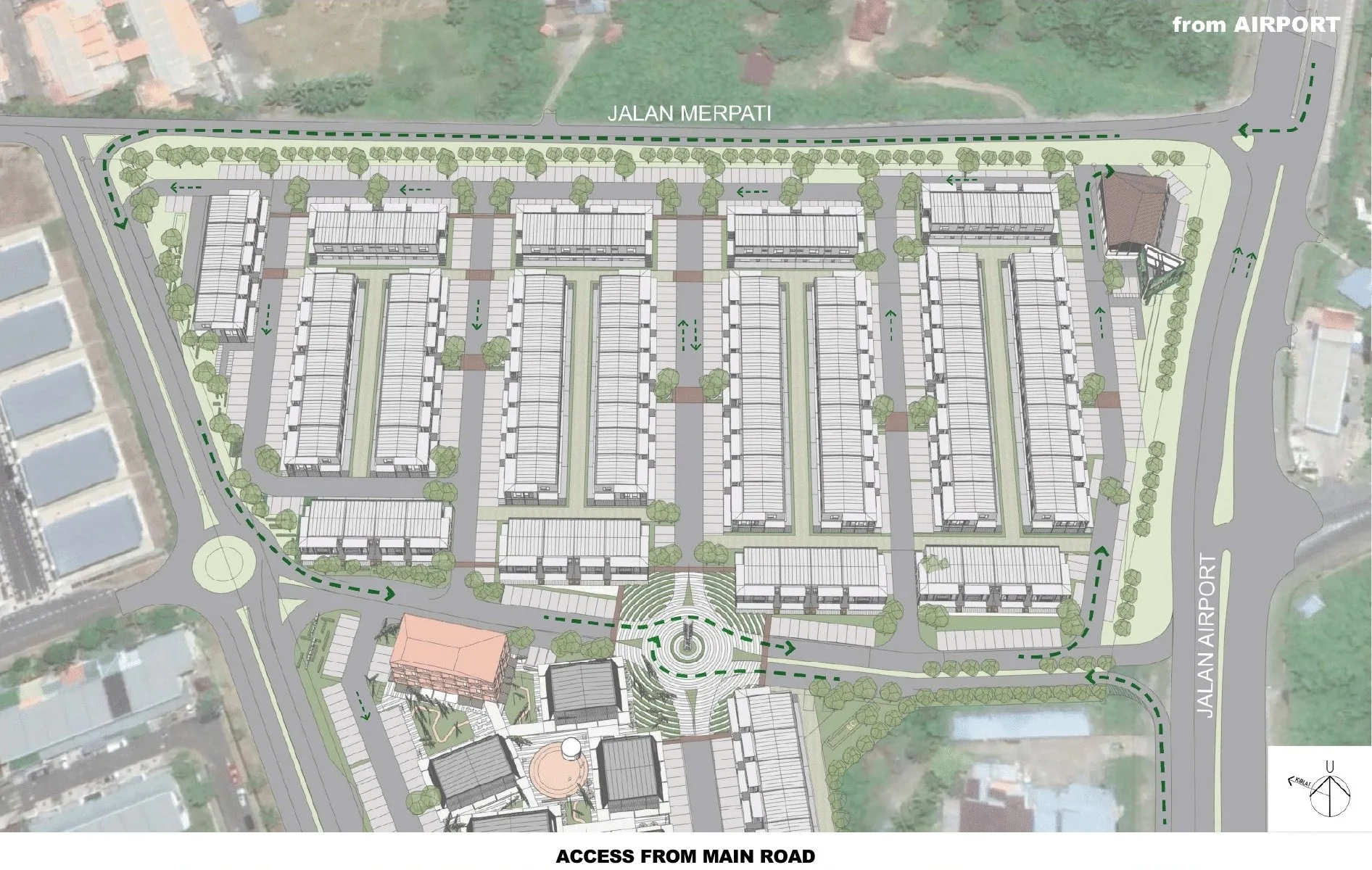Access plan — Jalan Merpati, Jalan Airport and the traffic flow through the scheme, from the developer’s brochure at Sejati Sentral, Mile 7, Jalan Airport, Sandakan, Sabah