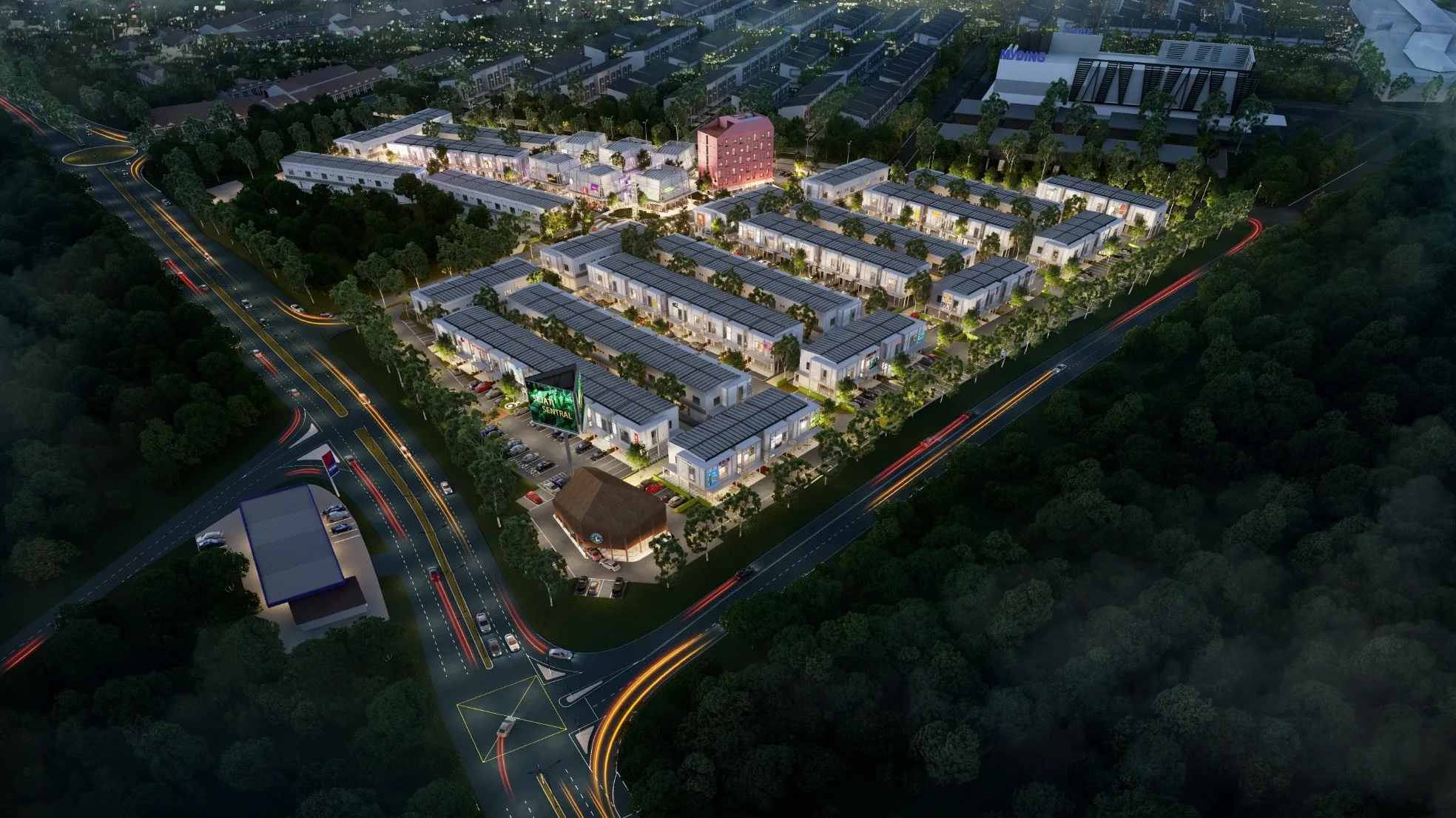 Artist’s impression: aerial view of the whole Sejati Sentral site at night, from the developer’s brochure at Sejati Sentral, Mile 7, Jalan Airport, Sandakan, Sabah
