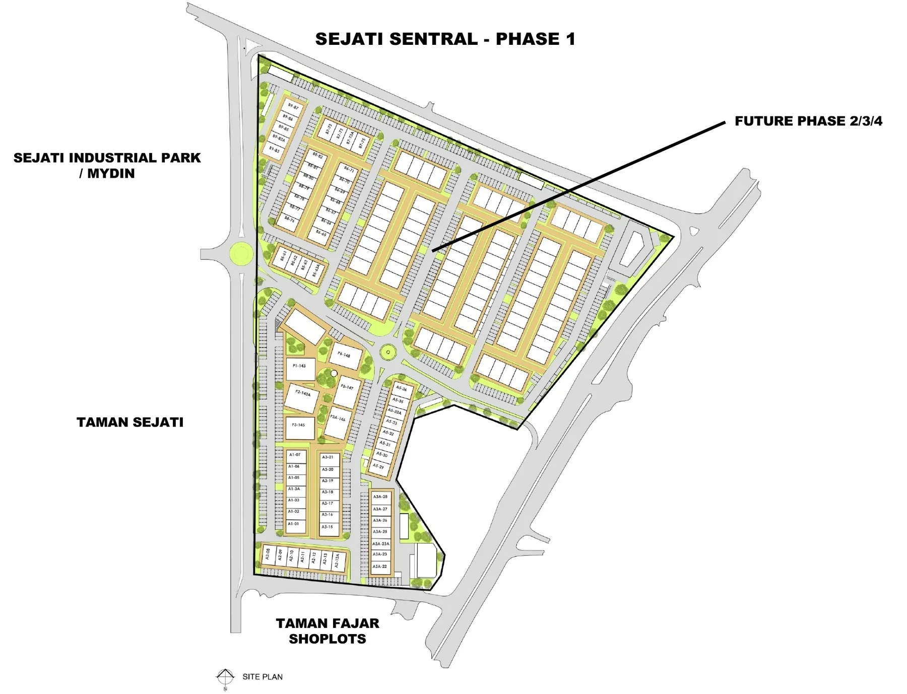 Phase 1 lot plan, with Taman Sejati, Sejati Industrial Park / Mydin and the Taman Fajar shoplots marked around the site, from the developer’s brochure at Sejati Sentral, Mile 7, Jalan Airport, Sandakan, Sabah