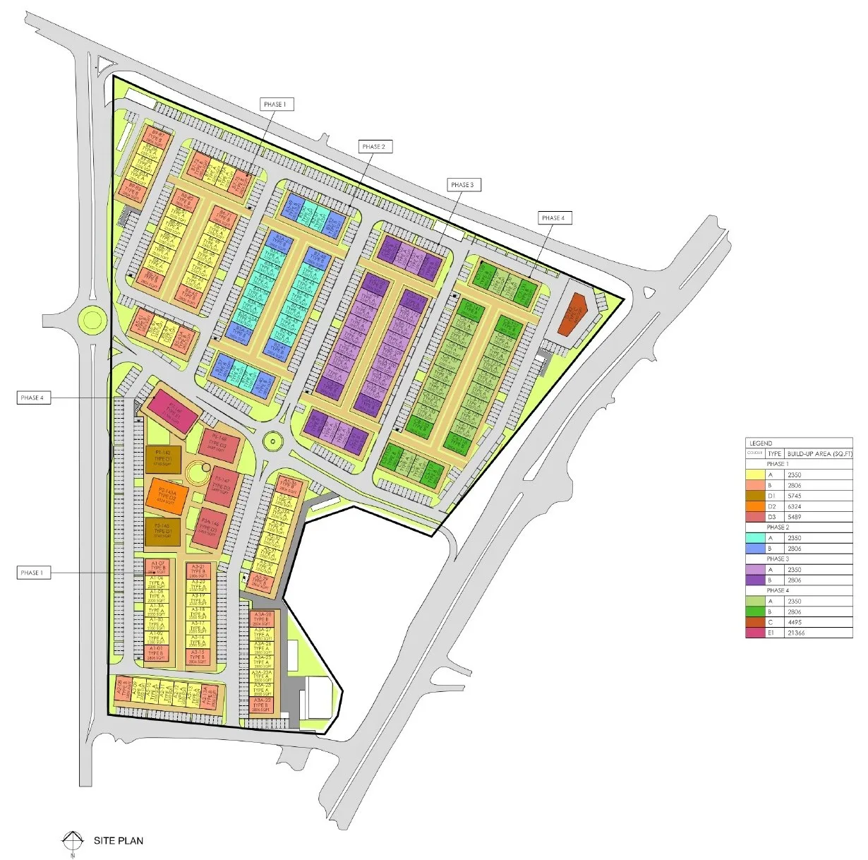 Sejati Sentral site plan showing the four phases and unit types at Sejati Sentral, Mile 7, Jalan Airport, Sandakan, Sabah
