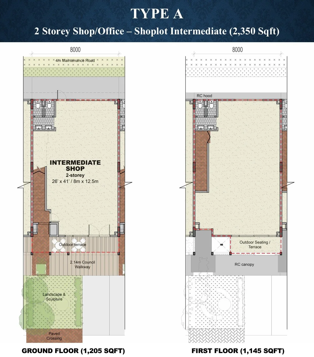Sejati Sentral Type A intermediate shop office floor plan, ground and first floor at Sejati Sentral, Mile 7, Jalan Airport, Sandakan, Sabah