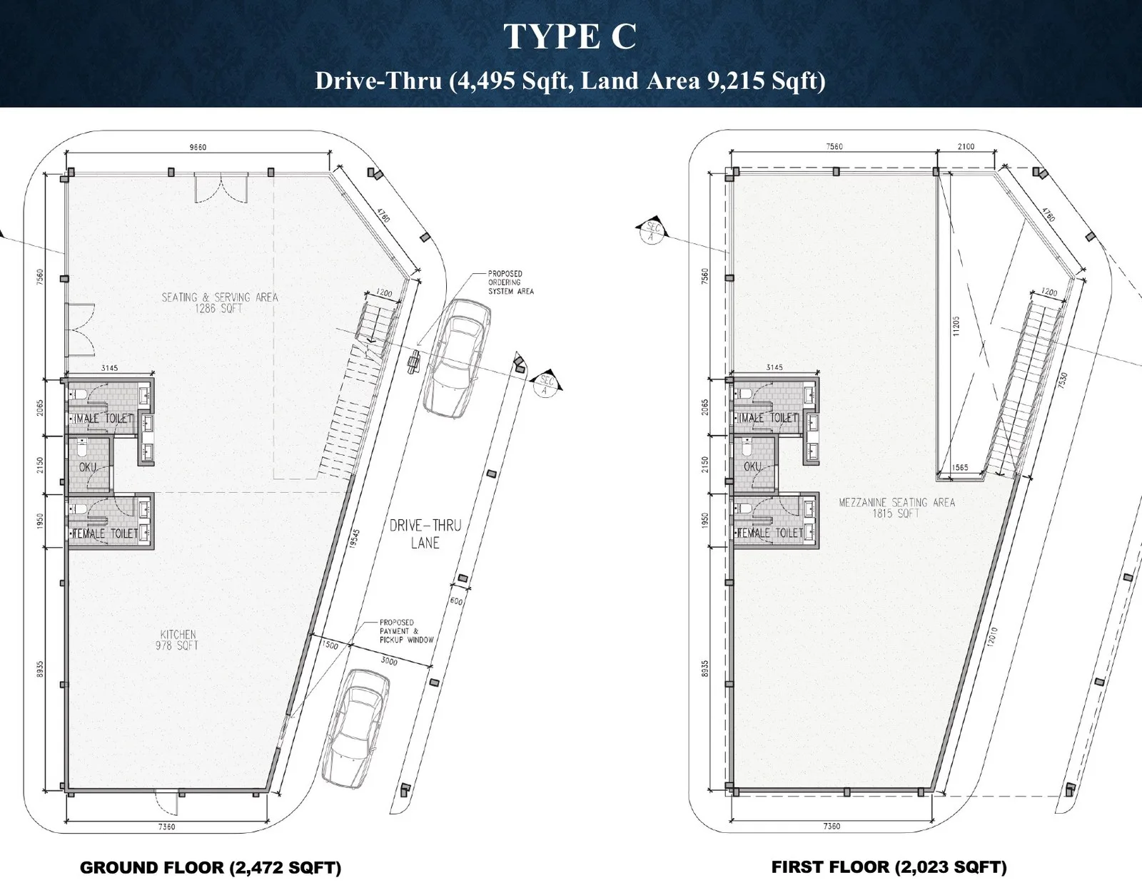 Sejati Sentral Type C drive-thru restaurant ground and first floor plans at Sejati Sentral, Mile 7, Jalan Airport, Sandakan, Sabah