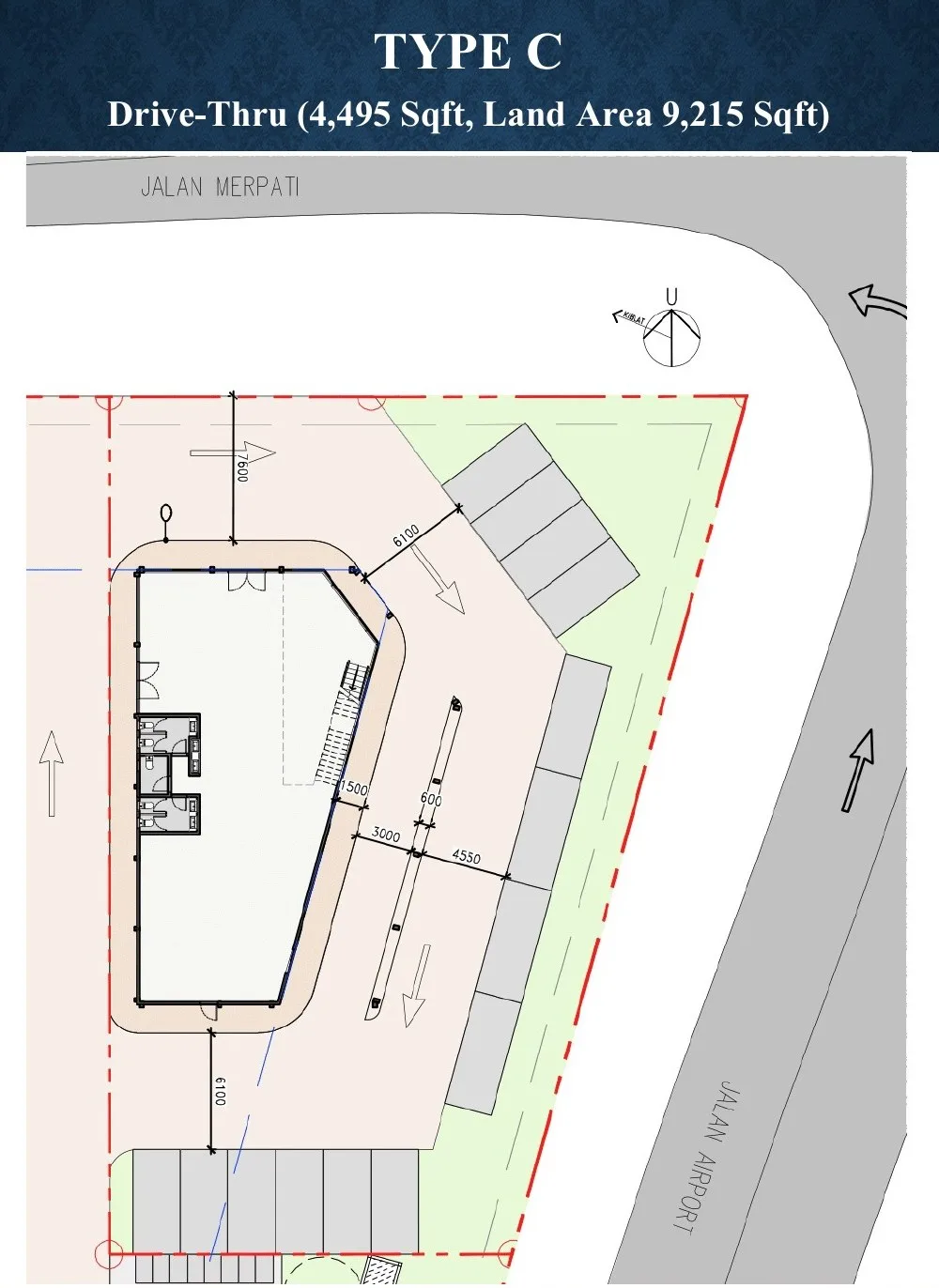 Type C drive-thru plot layout at the corner of Jalan Merpati and Jalan Airport, from the developer’s brochure at Sejati Sentral, Mile 7, Jalan Airport, Sandakan, Sabah