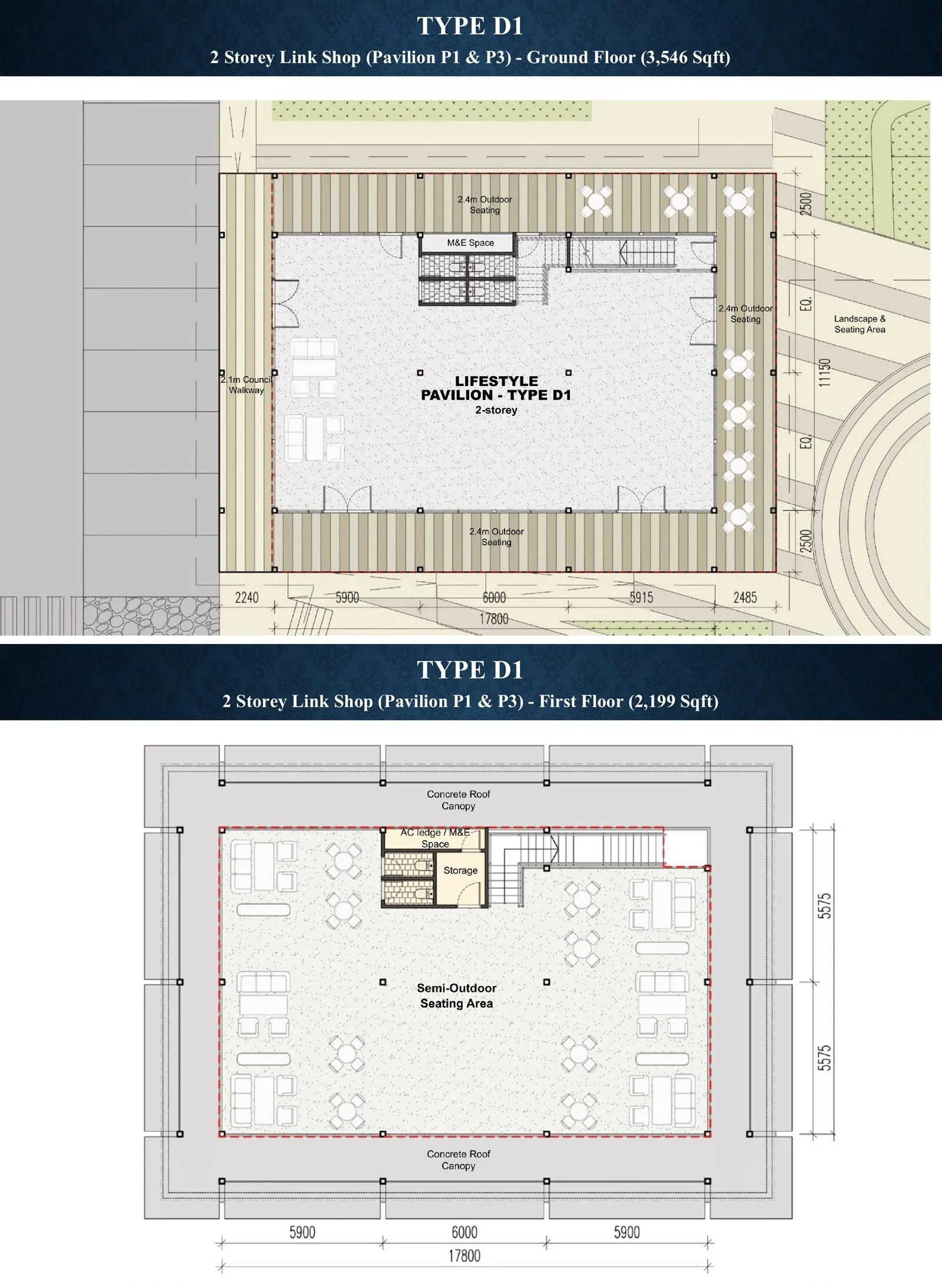 Sejati Sentral Type D1 pavilion link shop ground and first floor plans at Sejati Sentral, Mile 7, Jalan Airport, Sandakan, Sabah