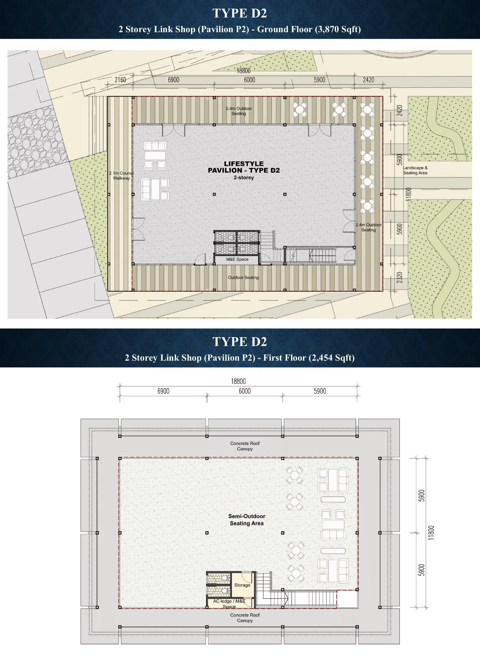 Sejati Sentral Type D2 pavilion link shop ground and first floor plans at Sejati Sentral, Mile 7, Jalan Airport, Sandakan, Sabah
