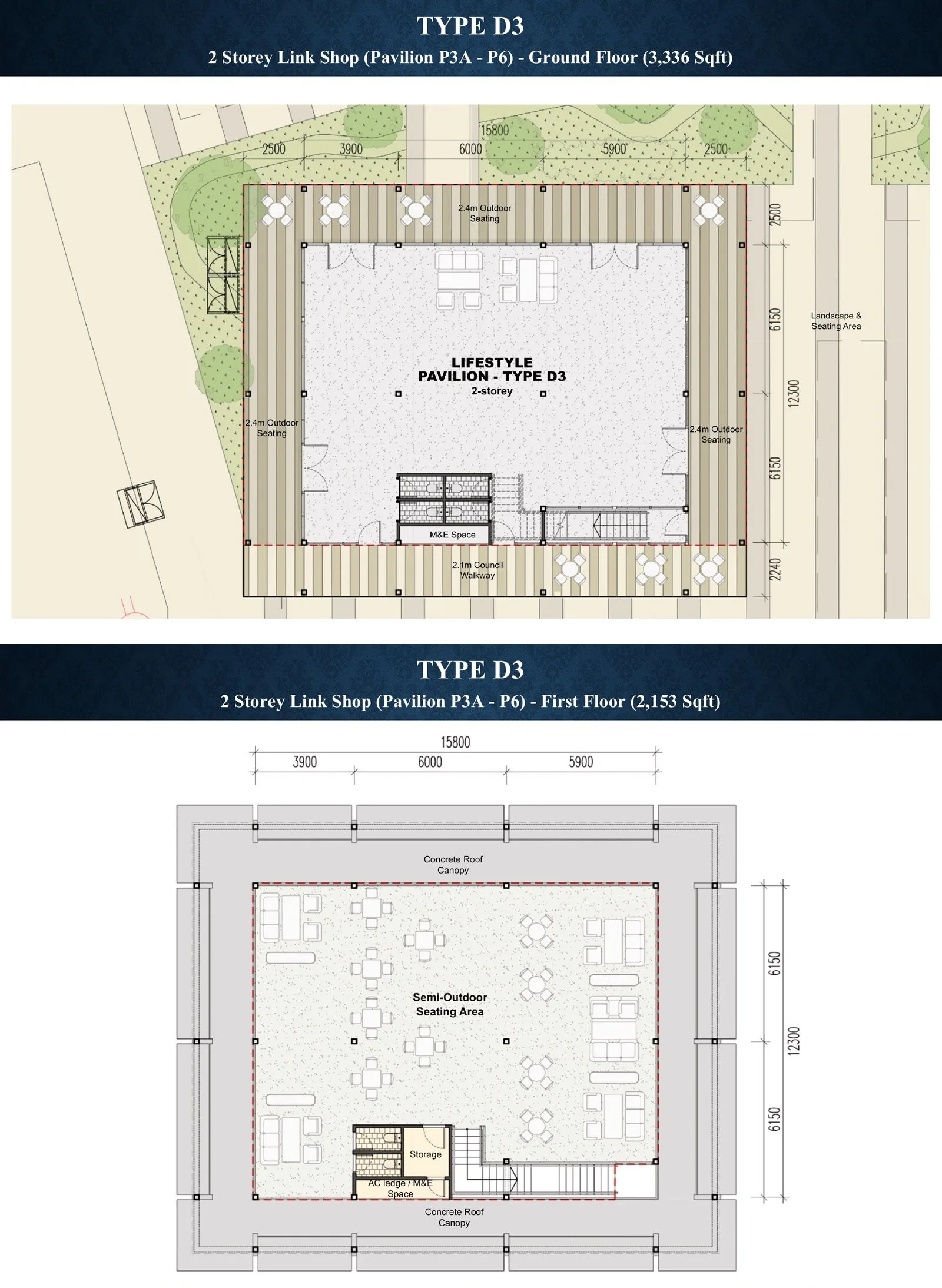 Sejati Sentral Type D3 pavilion link shop ground and first floor plans at Sejati Sentral, Mile 7, Jalan Airport, Sandakan, Sabah