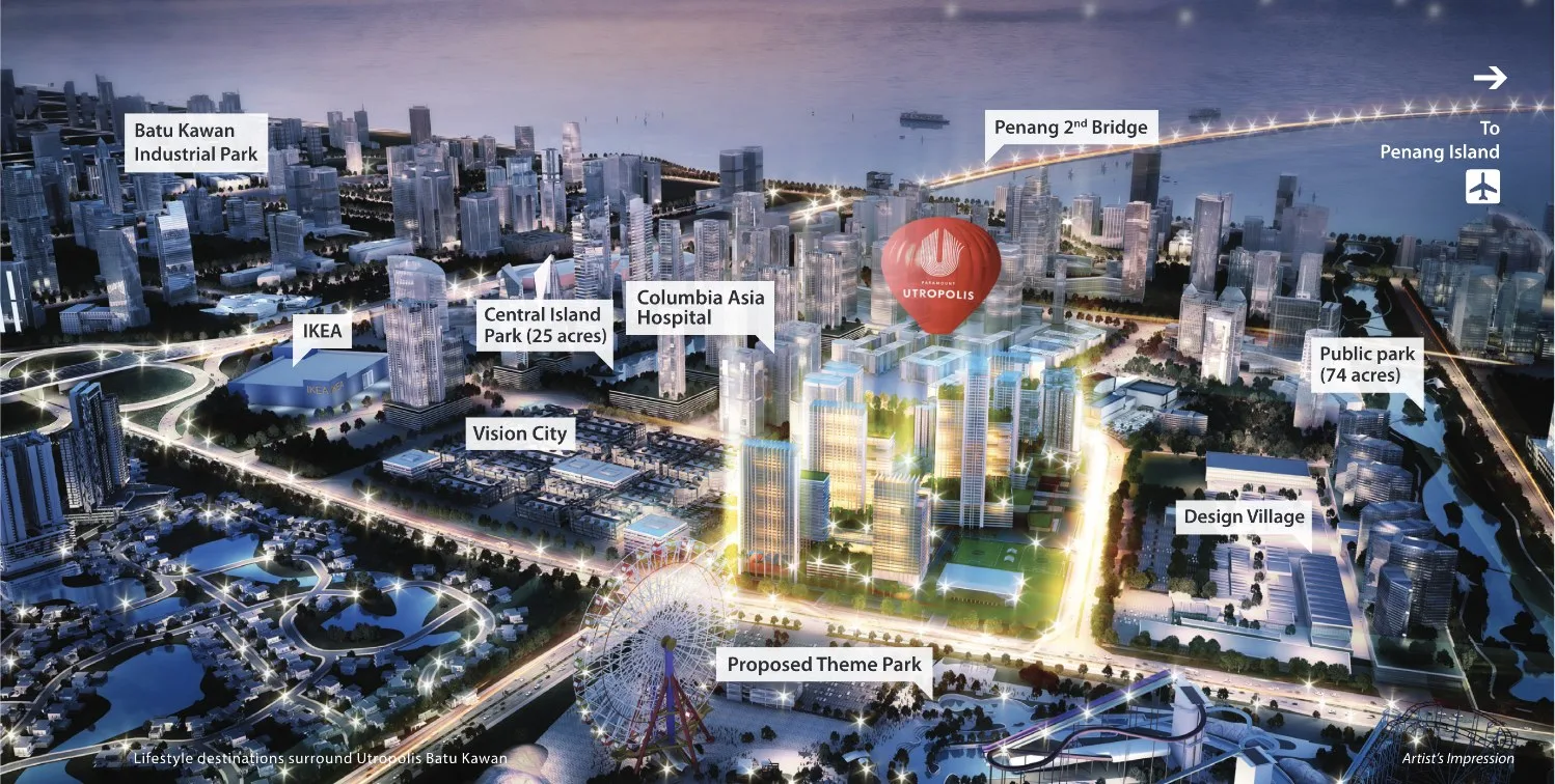 Aerial artist's impression of Batu Kawan with Utropolis marked among the Second Penang Bridge, IKEA, Columbia Asia Hospital, Design Village and Batu Kawan Industrial Park, Penang