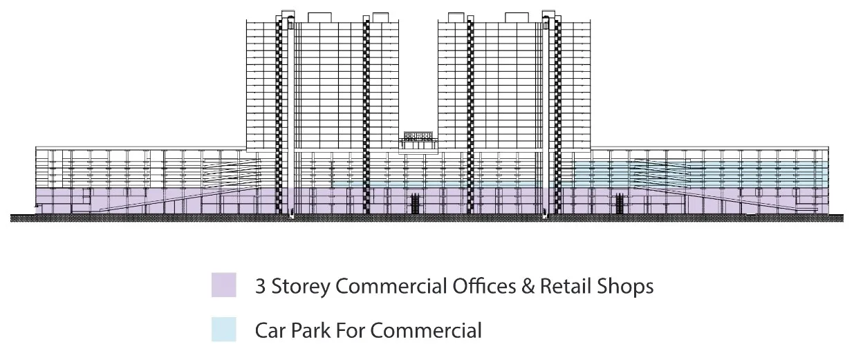 Sensasi @ Utropolis elevation drawing showing three storeys of commercial offices and retail shops with the commercial car park above, Batu Kawan, Penang