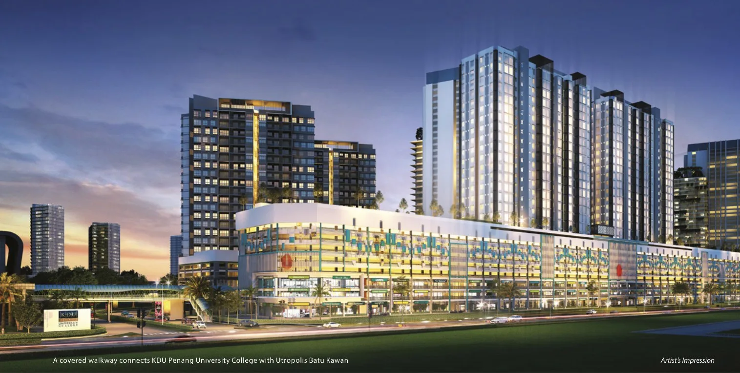 Sensasi @ Utropolis artist's impression at dusk: the commercial podium and apartment towers with the covered walkway to the university campus, Batu Kawan, Penang