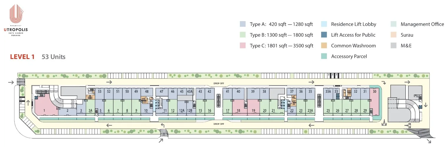 Sensasi @ Utropolis Level 1 plan with 53 commercial lots colour-coded by size band and the legend, from the developer's e-brochure, Batu Kawan, Penang