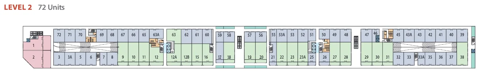 Sensasi @ Utropolis Level 2 plan with 72 commercial lots colour-coded by size band, from the developer's e-brochure, Batu Kawan, Penang