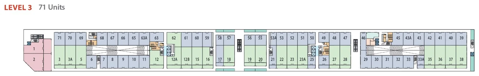 Sensasi @ Utropolis Level 3 plan with 71 commercial lots colour-coded by size band, from the developer's e-brochure, Batu Kawan, Penang