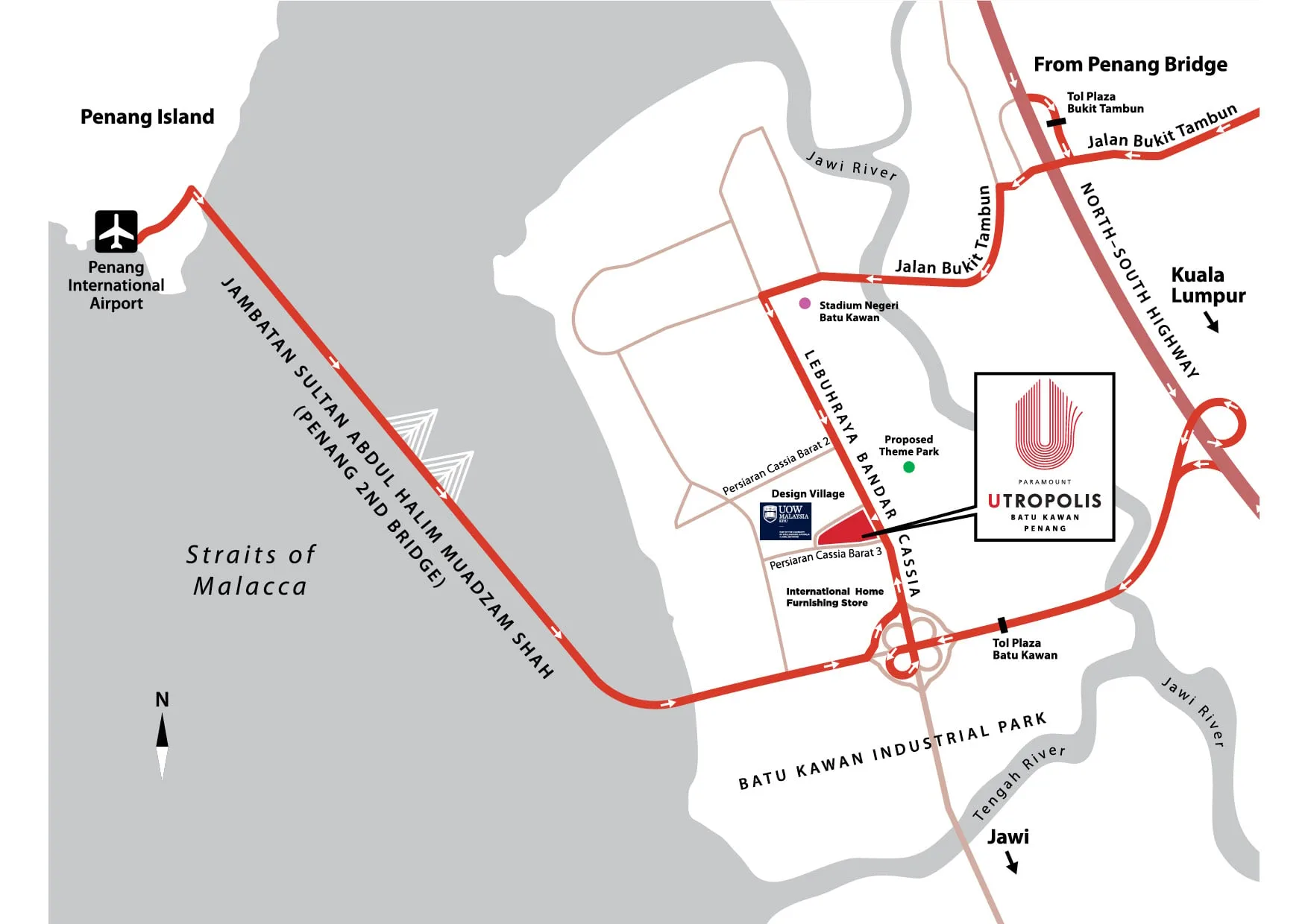 Utropolis Batu Kawan location map published by the developer — the township whose first phase is Sensasi, Batu Kawan, Penang