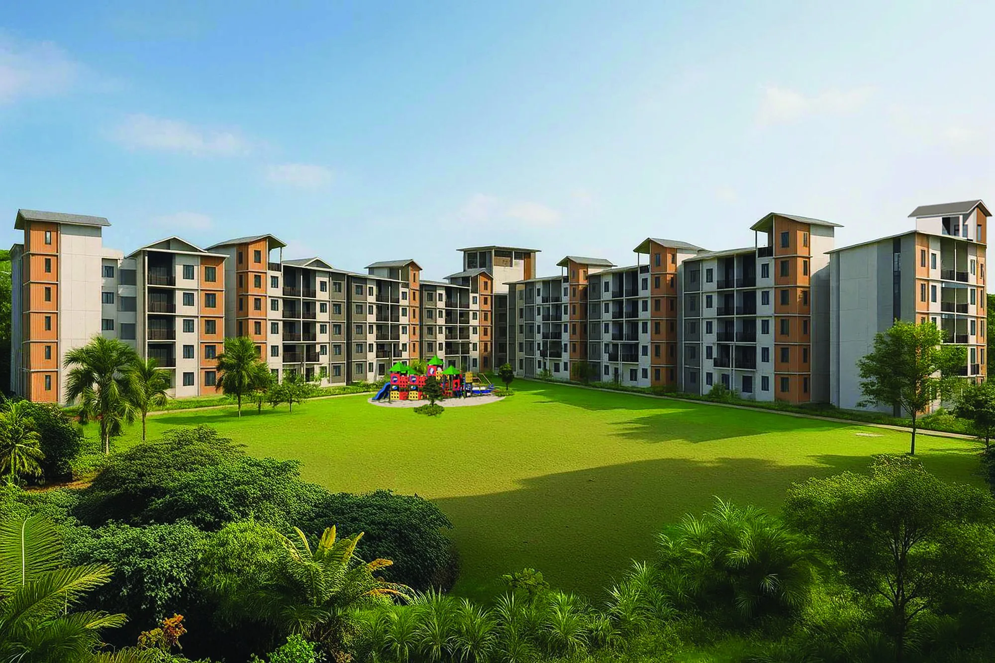 Artist’s impression of the five-storey wings around the central green and playground, from the developer’s brochure at Serai Perdana Kinarut, Jalan Lengkuas Segandai, Kinarut, Papar, Sabah