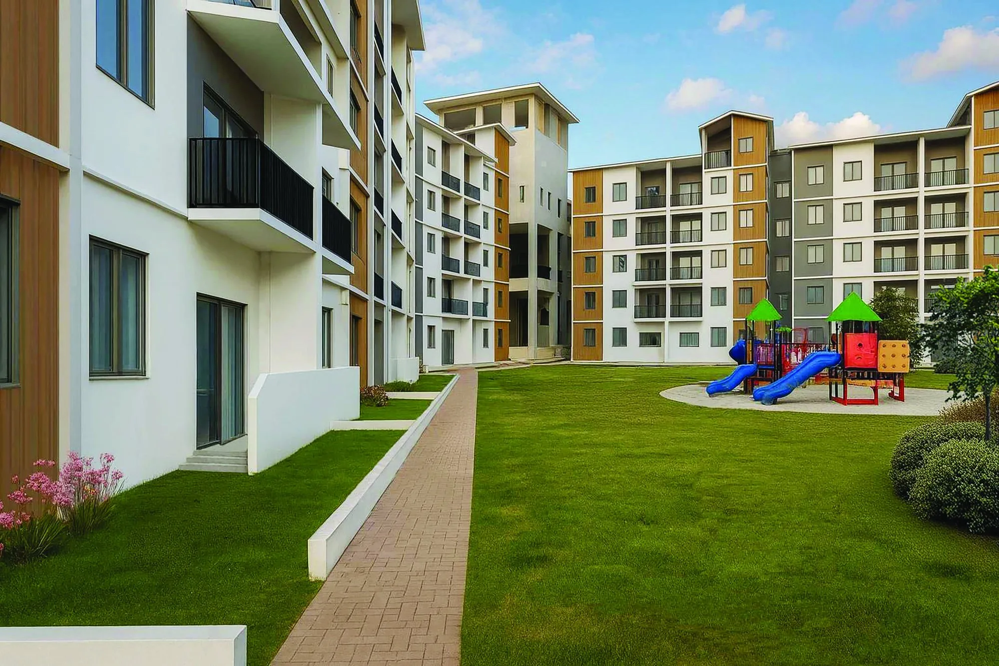 Artist’s impression of the courtyard walkway and children’s playground, from the developer’s brochure at Serai Perdana Kinarut, Jalan Lengkuas Segandai, Kinarut, Papar, Sabah