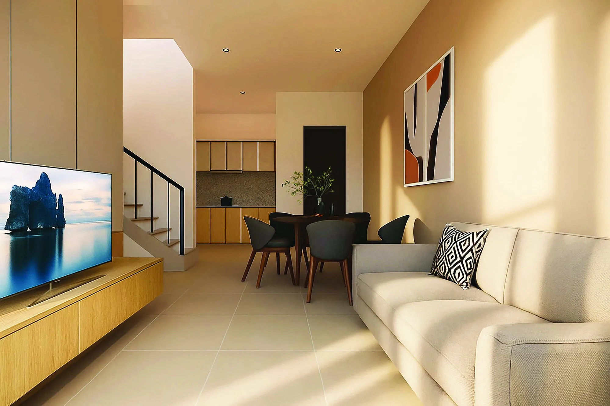 Artist’s impression of a duplex unit’s living area with the internal staircase, shown furnished for illustration, from the developer’s brochure at Serai Perdana Kinarut, Jalan Lengkuas Segandai, Kinarut, Papar, Sabah
