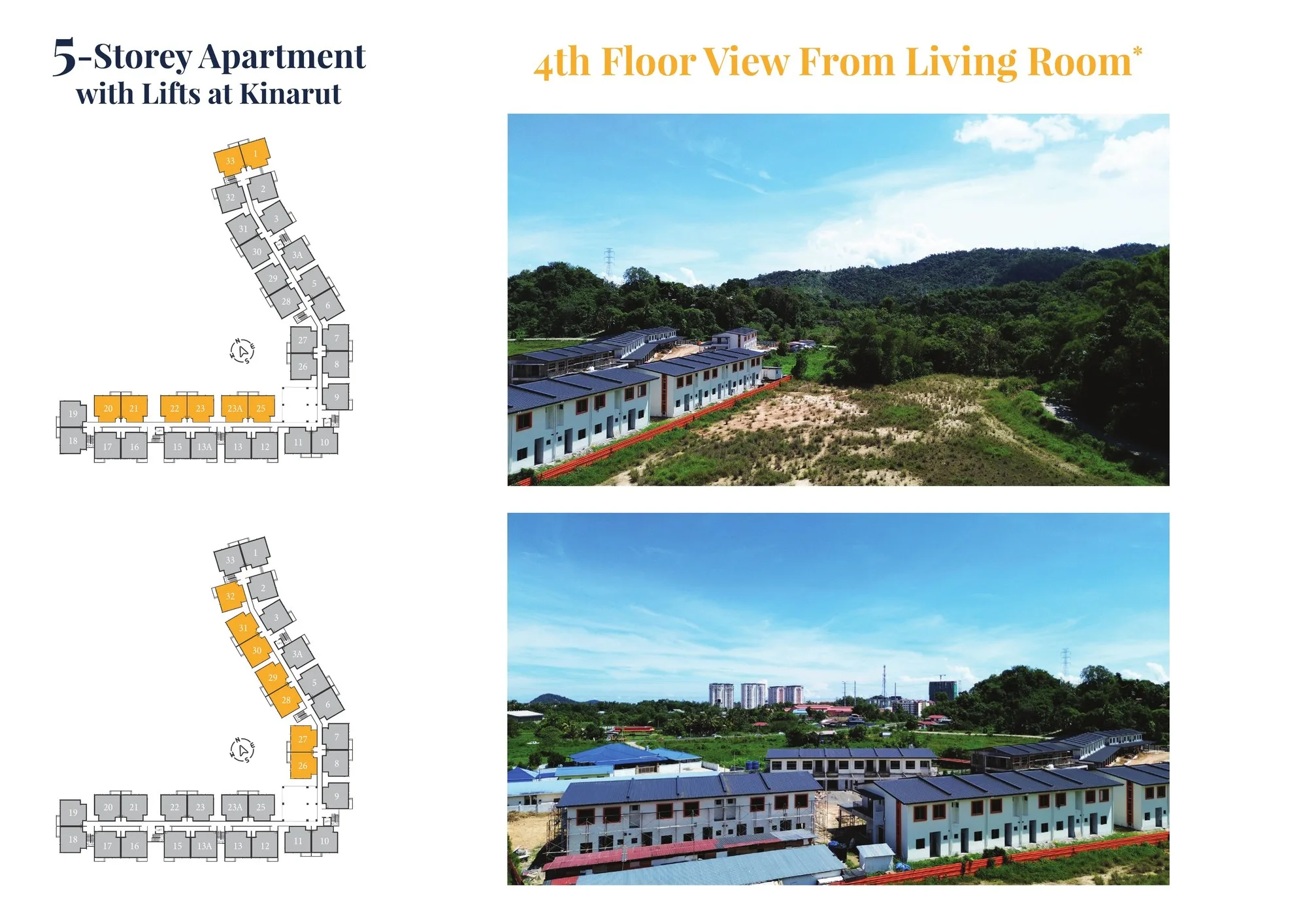 Photos of the outlook from fourth-floor height towards the neighbouring terrace houses, with the key plan of the units that face them, from the developer’s brochure at Serai Perdana Kinarut, Jalan Lengkuas Segandai, Kinarut, Papar, Sabah