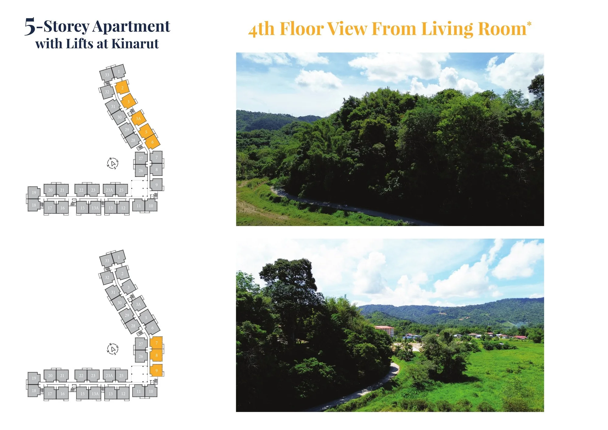 Photos of the outlook from fourth-floor height towards the wooded hills, with the key plan of the units that face them, from the developer’s brochure at Serai Perdana Kinarut, Jalan Lengkuas Segandai, Kinarut, Papar, Sabah