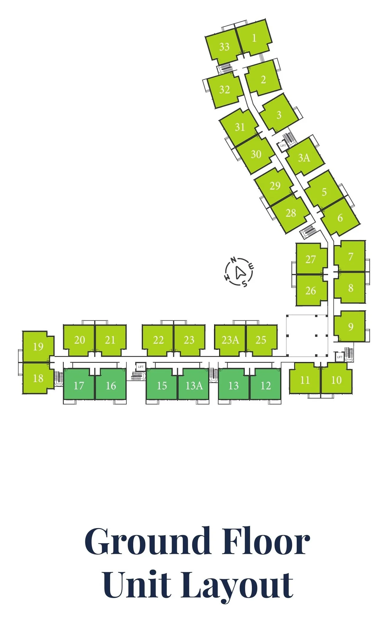 Ground-floor key plan: 33 homes numbered 1 to 33 along two wings, from the developer’s brochure at Serai Perdana Kinarut, Jalan Lengkuas Segandai, Kinarut, Papar, Sabah