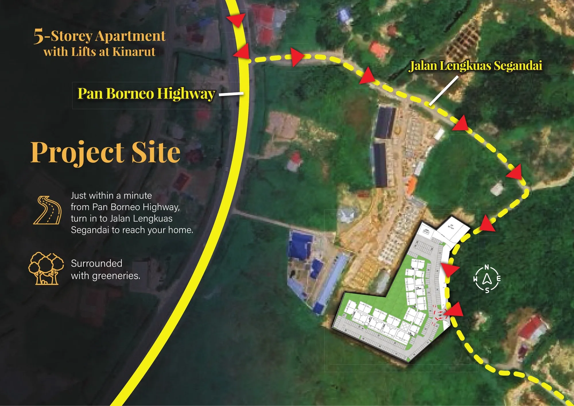 Developer’s site map: the turn off the Pan Borneo Highway into Jalan Lengkuas Segandai, from the developer’s brochure at Serai Perdana Kinarut, Jalan Lengkuas Segandai, Kinarut, Papar, Sabah