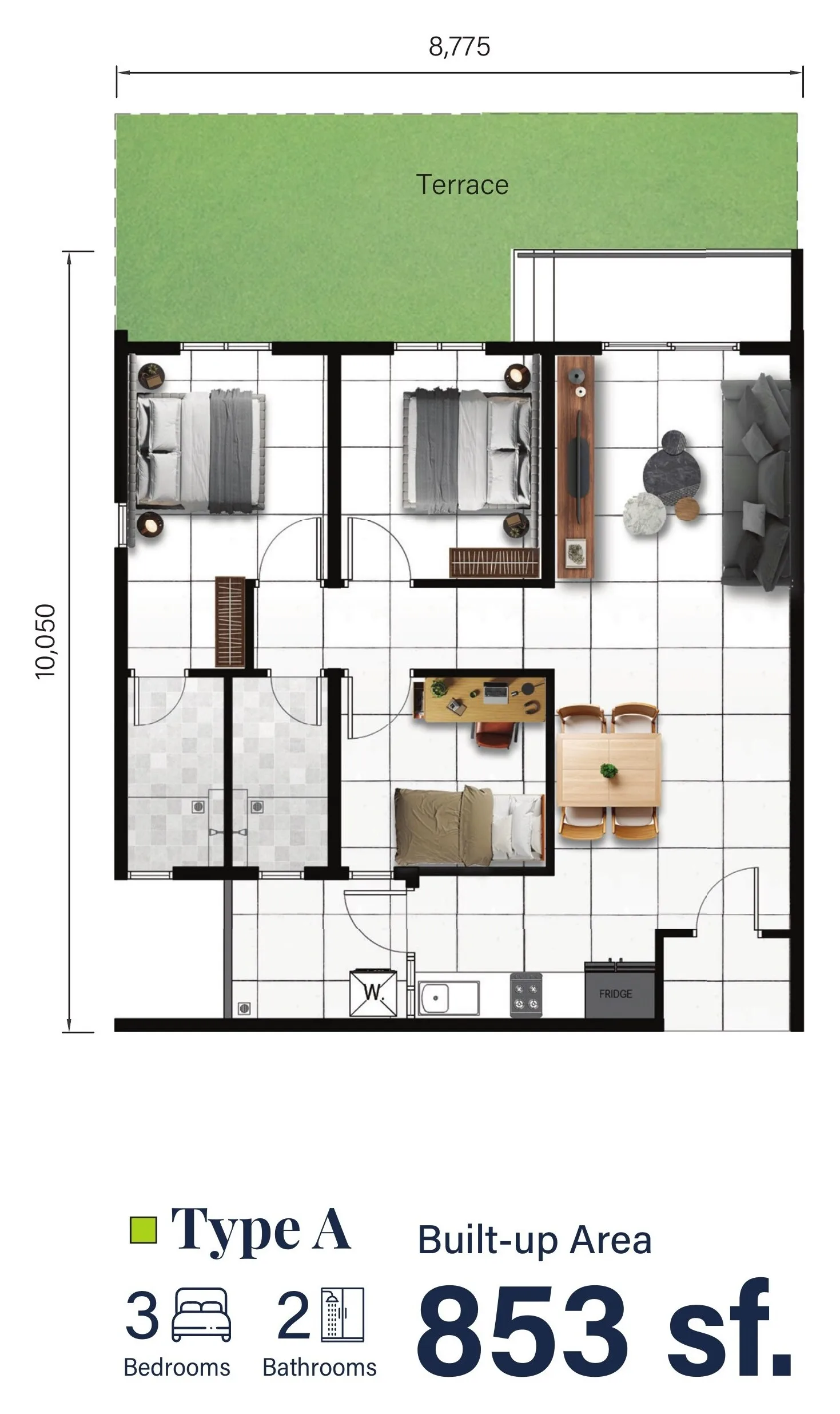 Type A ground floor plan 853 sq ft three bedroom with terrace at Serai Perdana Kinarut, Jalan Lengkuas Segandai, Kinarut, Papar, Sabah