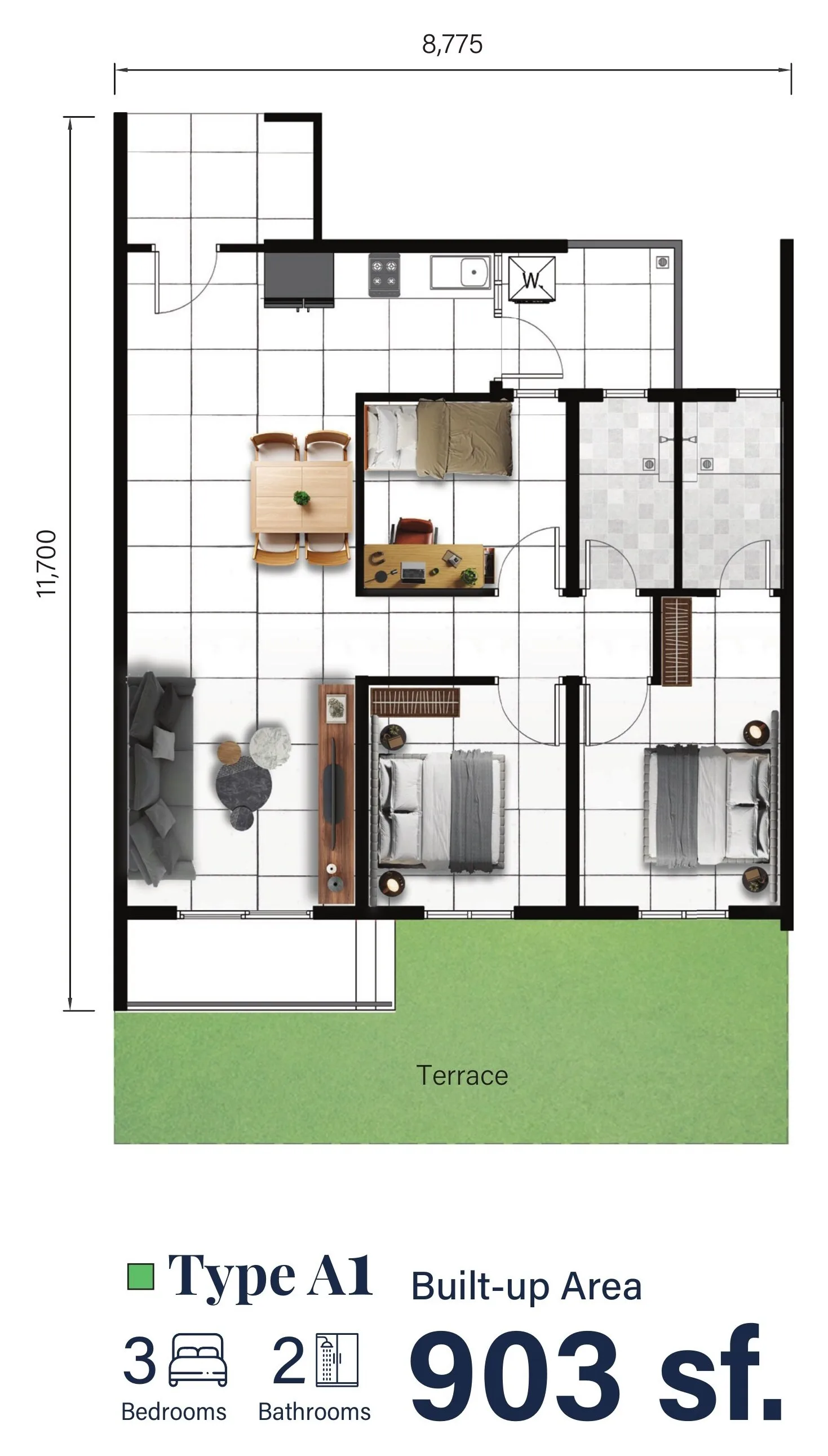 Type A1 ground floor plan 903 sq ft three bedroom with terrace at Serai Perdana Kinarut, Jalan Lengkuas Segandai, Kinarut, Papar, Sabah