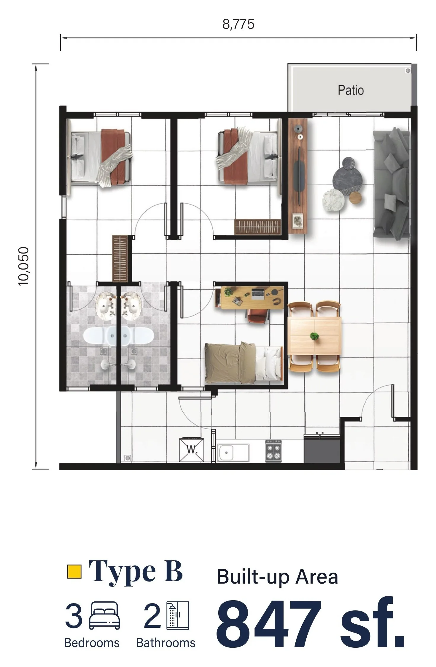 Type B first floor plan 847 sq ft three bedroom at Serai Perdana Kinarut, Jalan Lengkuas Segandai, Kinarut, Papar, Sabah