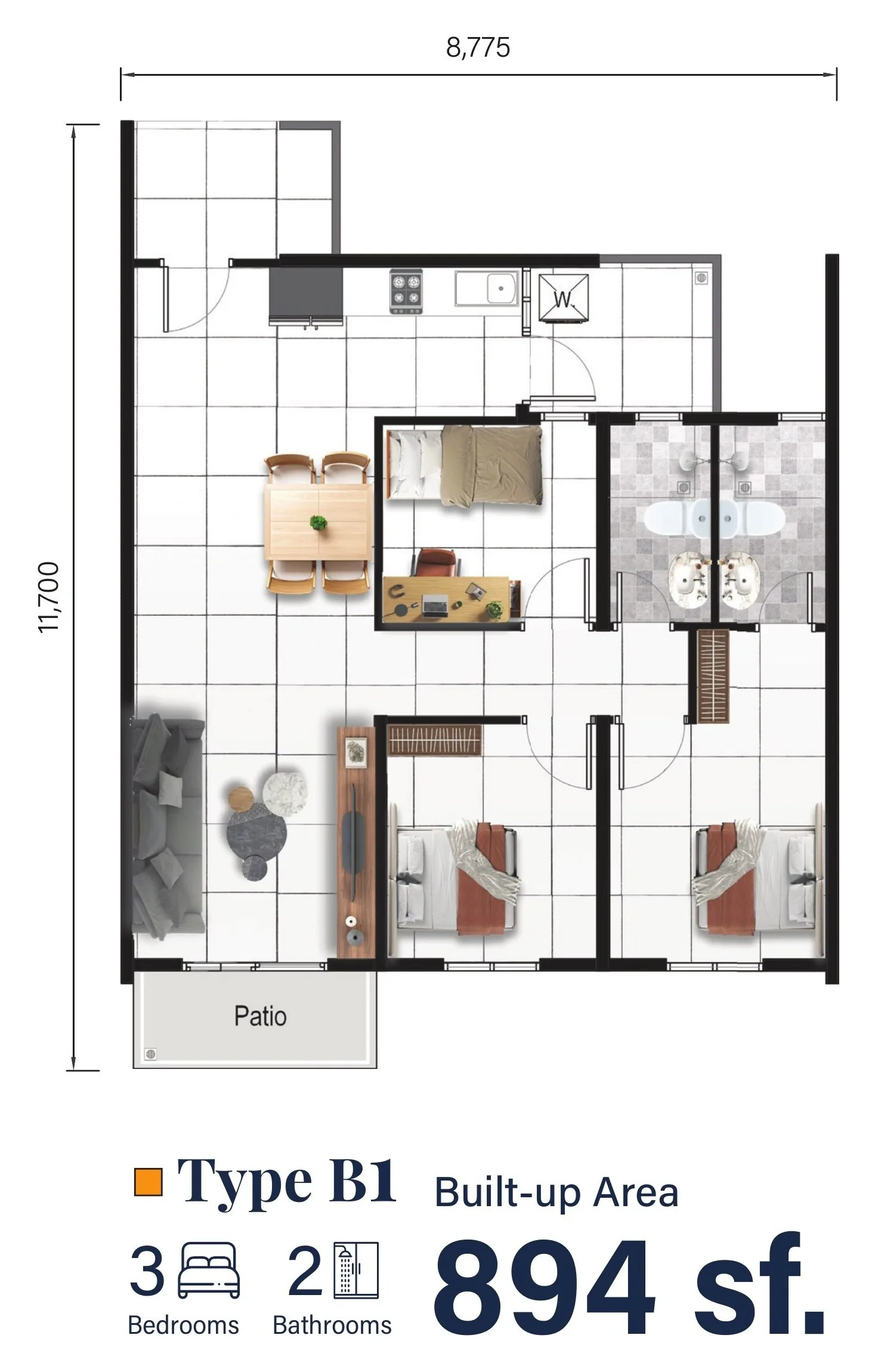 Type B1 first floor plan 894 sq ft three bedroom at Serai Perdana Kinarut, Jalan Lengkuas Segandai, Kinarut, Papar, Sabah