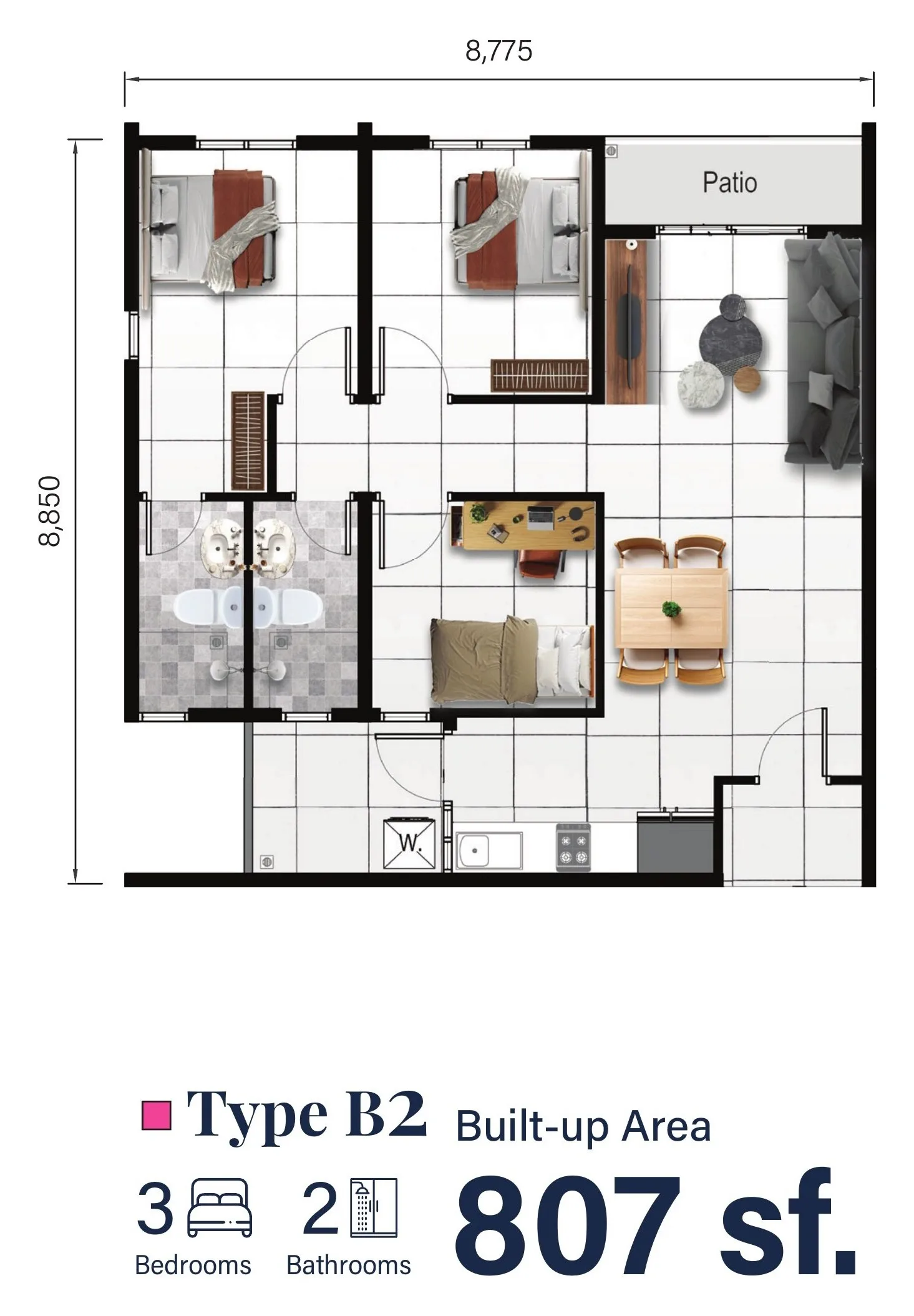 Type B2 floor plan 807 sq ft three bedroom at Serai Perdana Kinarut, Jalan Lengkuas Segandai, Kinarut, Papar, Sabah