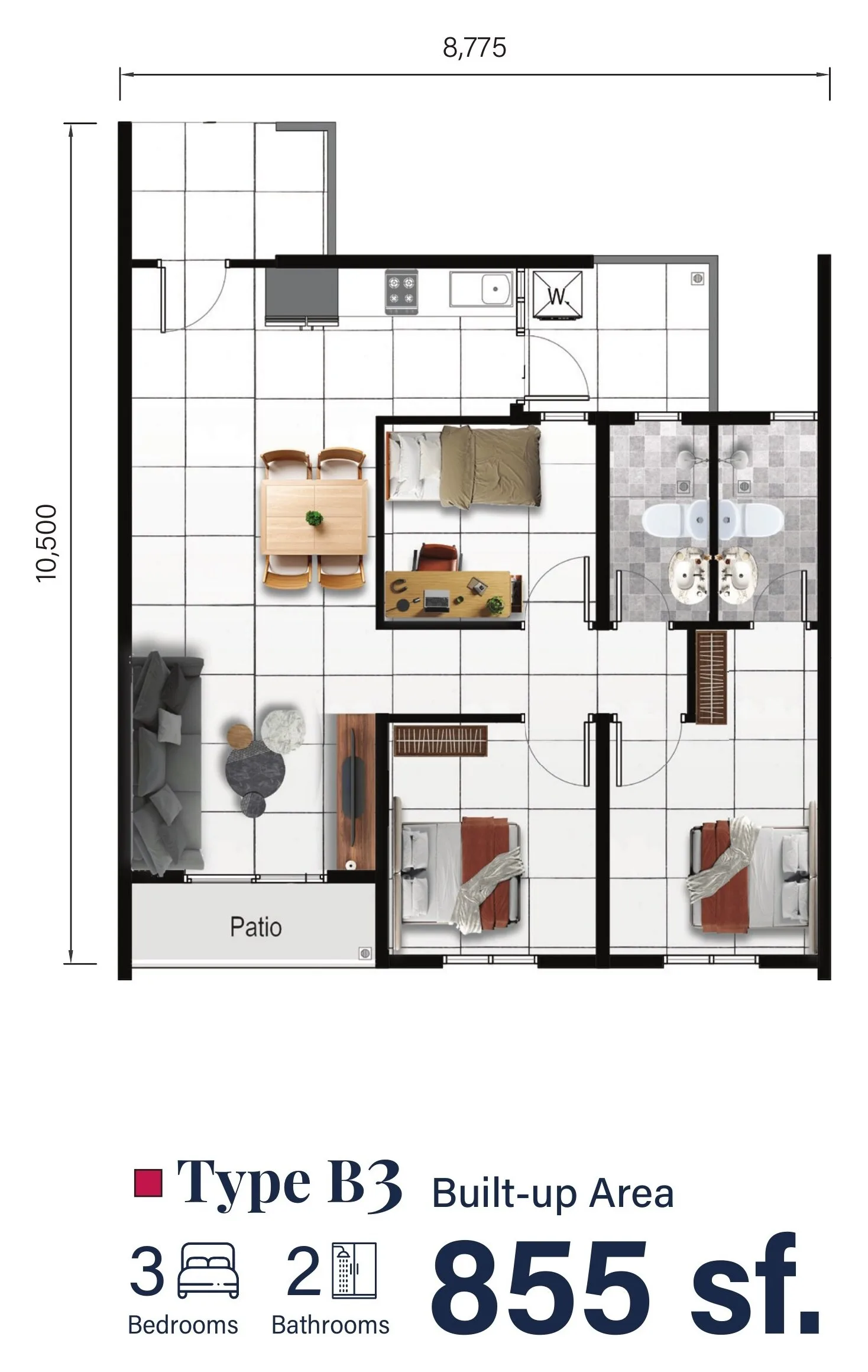 Type B3 floor plan 855 sq ft three bedroom at Serai Perdana Kinarut, Jalan Lengkuas Segandai, Kinarut, Papar, Sabah