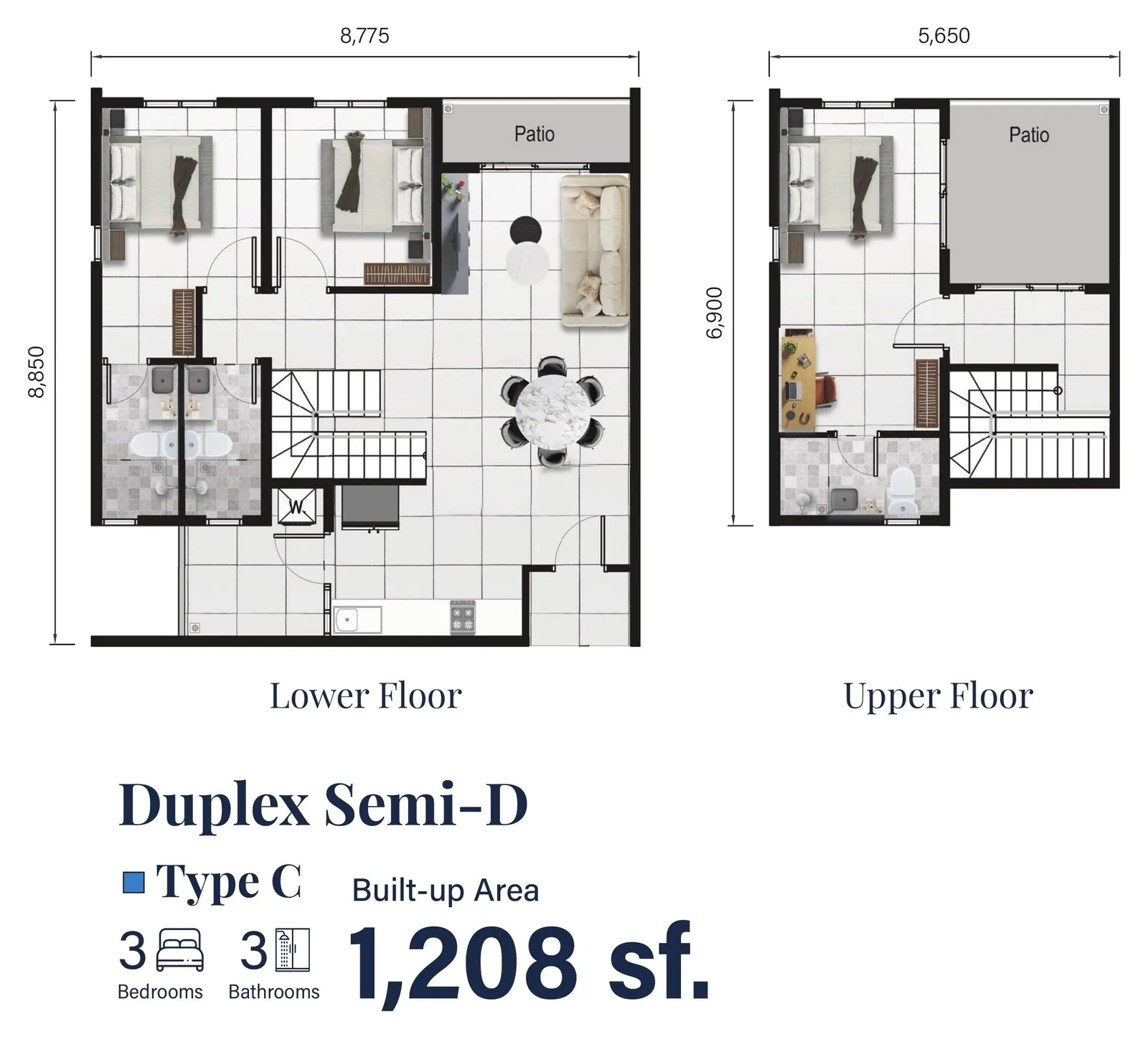 Type C duplex floor plan 1,208 sq ft lower and upper floor at Serai Perdana Kinarut, Jalan Lengkuas Segandai, Kinarut, Papar, Sabah