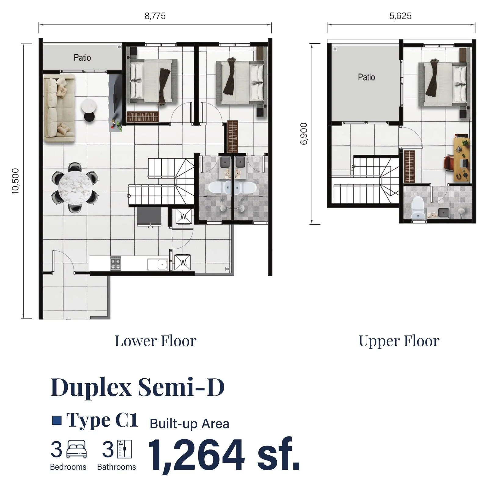 Type C1 duplex floor plan 1,264 sq ft lower and upper floor at Serai Perdana Kinarut, Jalan Lengkuas Segandai, Kinarut, Papar, Sabah